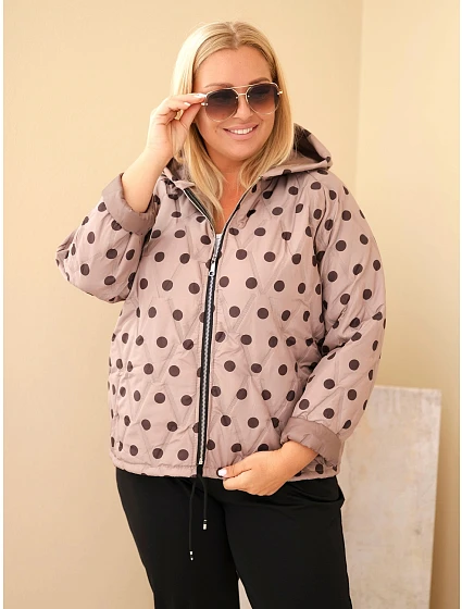 Dámska bunda Plus Size s kapucňou, bodkovaná, farba fango