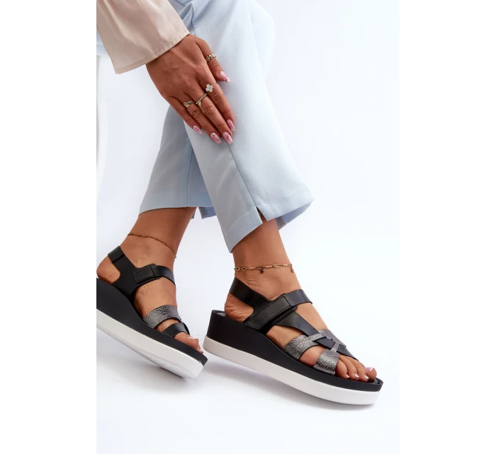 Zazoo 40397 Damskie Skórzane Sandały Na Platformie Czarne