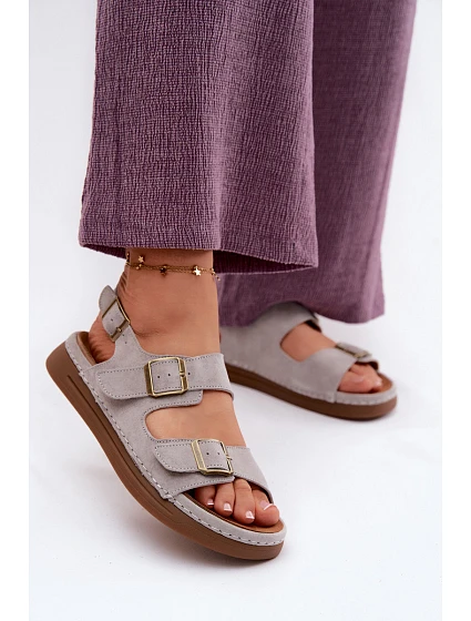 Kožené semišové dámské sandály s přezkami Vinceza 79620 šedé