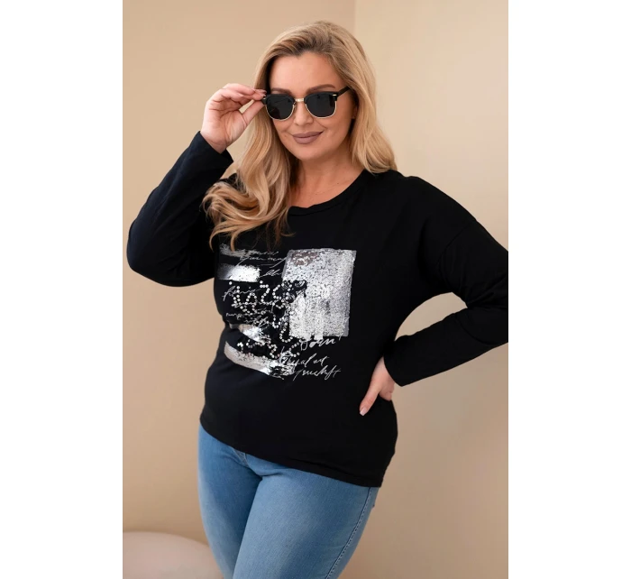 Dámska blúzka s potlačou v nadmernej veľkosti s dlhším zadným dielom čierna