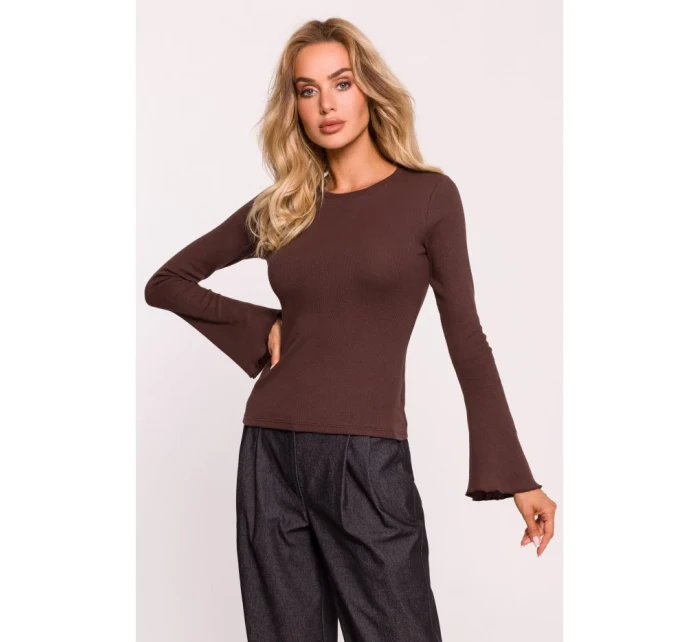 model 20476100 Žebrovaný top s dlouhými rukávy hnědý - Moe