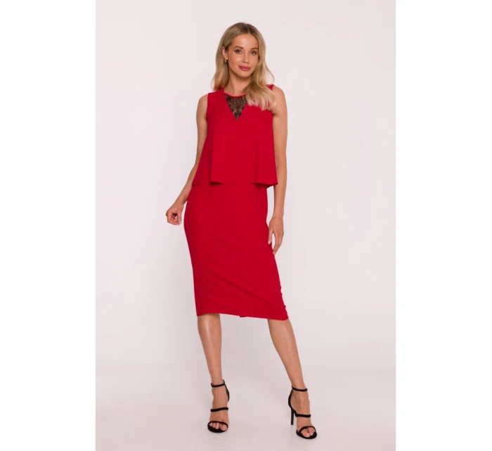 S422 Šaty s čipkovanou vsadkou - červené S422 Šaty s čipkovanou vsadkou - červené
