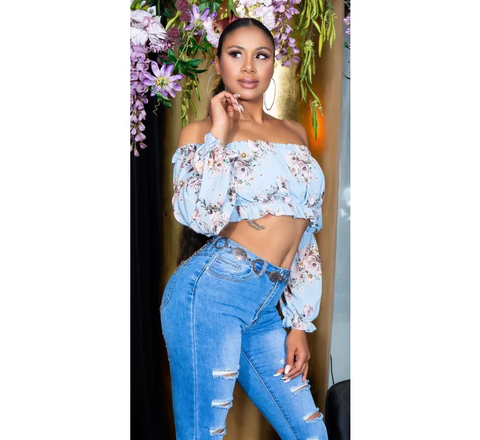 Dámsky sexy volánový top Carmen T80149 Ružová s kvetinovým vzorom - Style fashion