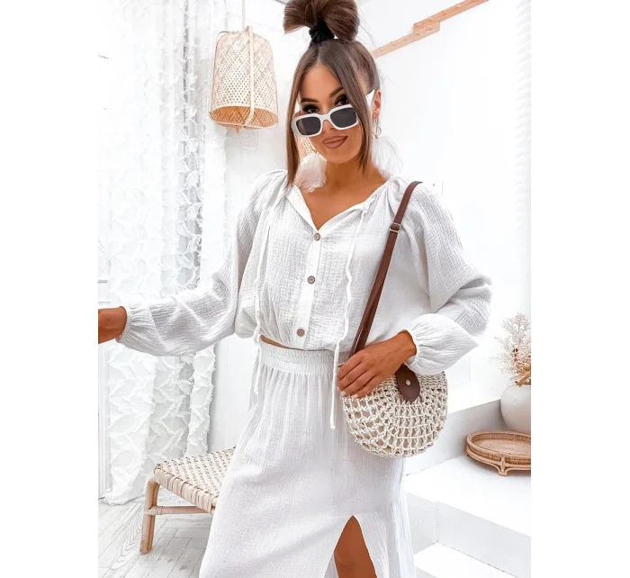 Dámsky mušelínový set v ecru farbe - blúzka a sukňa (8290)