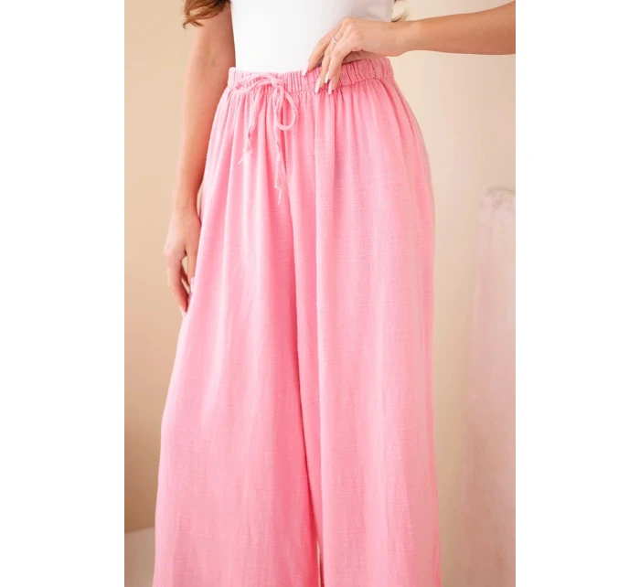 Dámské široké bavlněné kalhoty s gumou v pase cukrově růžová