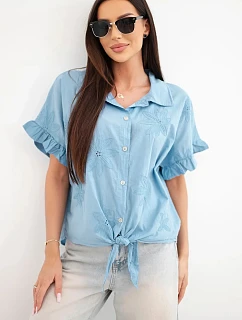 Dámske bavlnené tričko s kvetinovou výšivkou denim
