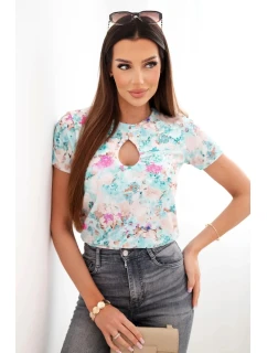Dámska viskózna rebrovaná blúzka s kvetinovou potlačou mätová