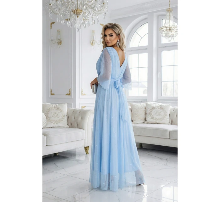 Dlouhé třpytivé plus size šaty s výstřihem a rukávy modré model 21957849 - numoco basic