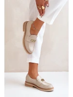 Zazoo 20174 Skórzane Eleganckie Półbuty Damskie Na Płaskim Obcasie Beżowe