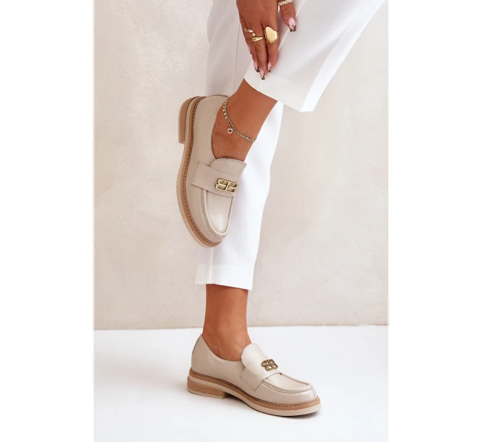 Zazoo 20174 Skórzane Eleganckie Półbuty Damskie Na Płaskim Obcasie Beżowe