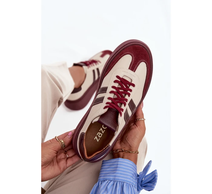 Skórzane Sneakersy Damskie Na Platformie Zazoo 3775 Beżowo-Bordowe