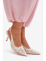 Krajkové Sandály na Podpatku Světle Béžové model 22103019 - Boto