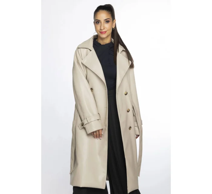 Béžový dvojradový klasický dámsky kabát z ekologickej kože AnnGissy (AG6-30) Béžový dvojradový klasický dámsky kabát z ekologickej kože AnnGissy (AG6-30)