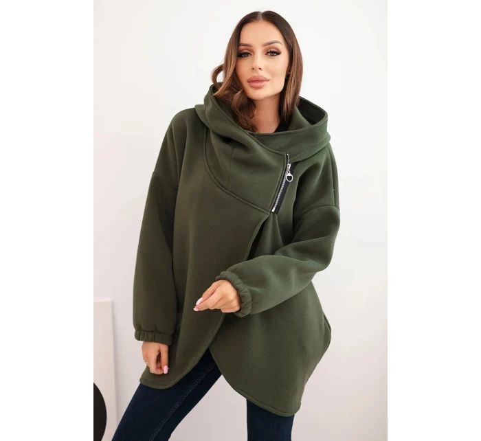 Dámská mikina s kapucí a asymetrickým zipem khaki