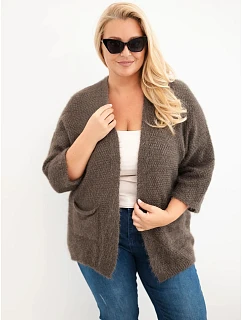 Dámský svetr Plus Size s kapsami bez zapínání mocca barva