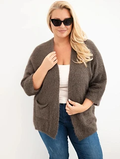 Dámsky sveter vo veľkosti Plus Size s vreckami bez zapínania, farba mocha
