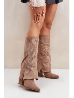 Zdobené Kozačky S  Na Podpatku Tmavě Béžové model 21681555 - Boto