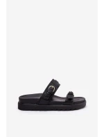 Klapki Damskie Na Platformie Ze Złotymi Klamrami Czarne Wernone