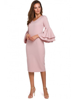 K002 Plášťové šaty s volánikovými rukávmi - krémovo ružové