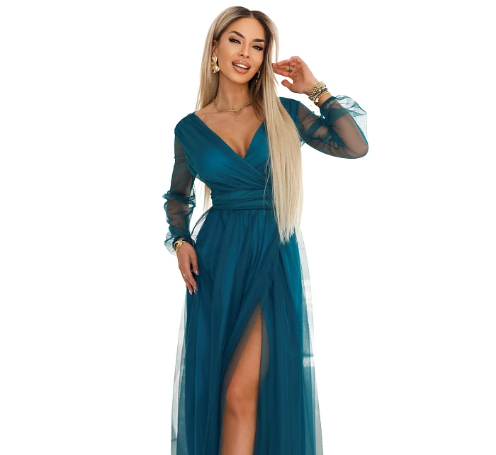 Dlouhé maxi šaty s rukávy a obálkovým výstřihem lahvově zelené model 22045483 - numoco basic Dlouhé maxi šaty s rukávy a obálkovým výstřihem lahvově zelené model 22045483 - numoco basic