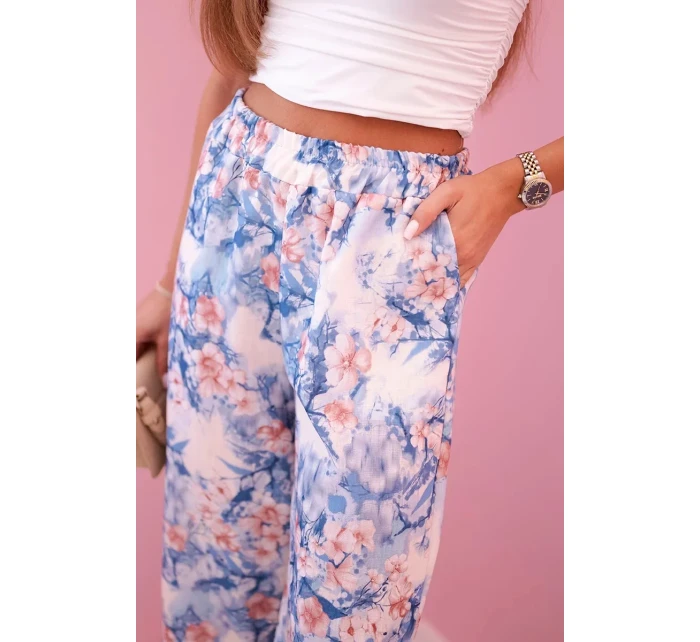 Dámske široké nohavice s kvetinovou potlačou modré