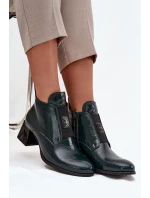 Skórzane Lakierowane Botki Na Klocku Z Ozdobnym Detalem Ocieplane Zazoo 60560 Ciemnozielone