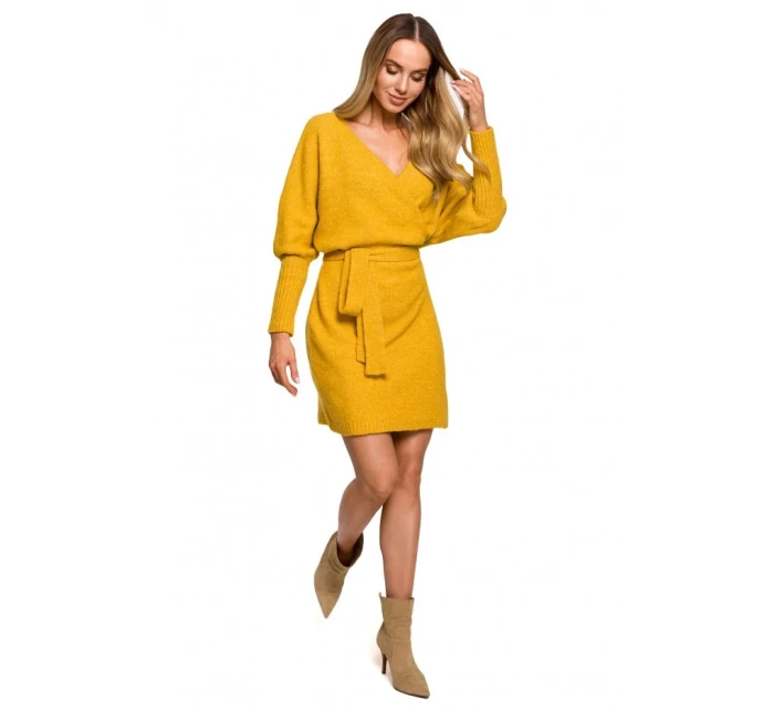 M631 Zavinovacie svetrové šaty s viazaním - medové M631 Zavinovacie svetrové šaty s viazaním - medové