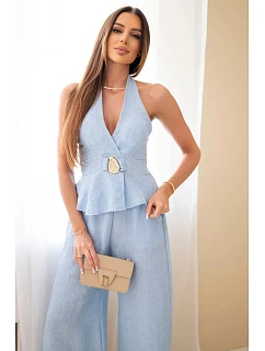 Dámsky viskózový uzlíkový top a nohavice so širokými nohavicami modré