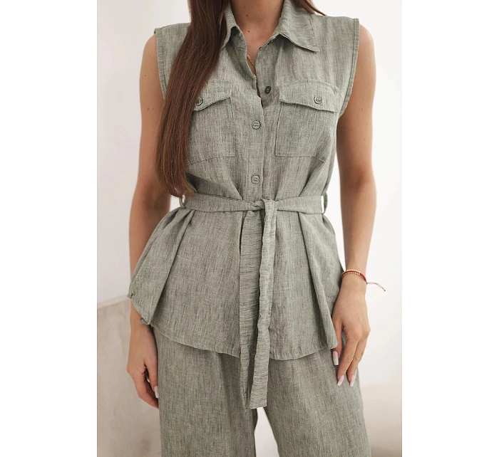 Dámska súprava s blúzkou na zaväzovanie a širokými nohavicami khaki farby Dámska súprava s blúzkou na zaväzovanie a širokými nohavicami khaki farby