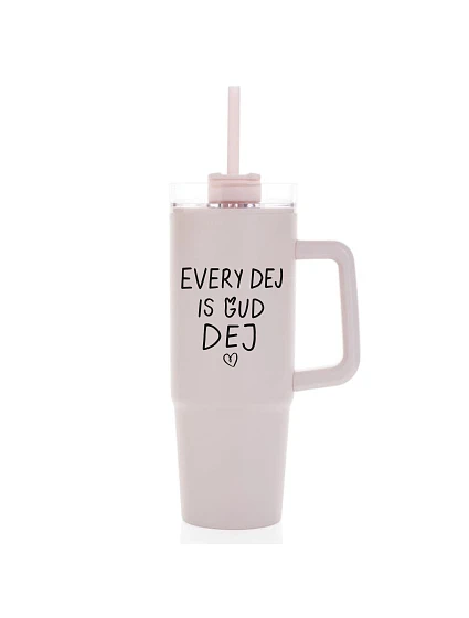 EVERY DEJ IS GUD DEJ - ružový cestovný hrnček s priehľadným viečkom 900 ml