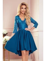 Dámské šaty v mořské barvě s delším zadním dílem a s krajkovým výstřihem model 17422426 - numoco Dámské šaty v mořské barvě s delším zadním dílem a s krajkovým výstřihem model 17422426 - numoco