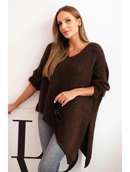 Svetr dámský vlněný asymetrický Plus Size s výstřihem do V hnědý