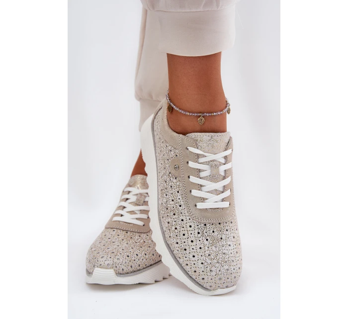 Zamszowe Ażurowe Sneakersy Na Platformie LR51-927 Złote