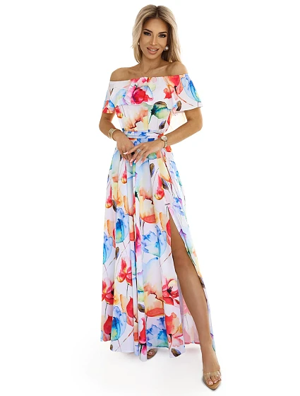 Dlouhé letní šaty s páskem s květinovým vzorem model 22284618 - numoco Dlouhé letní šaty s páskem s květinovým vzorem model 22284618 - numoco