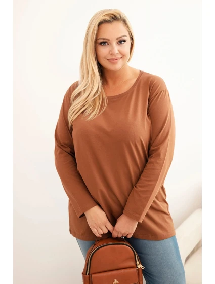 Dámská blůza Plus Size bavlněná s kulatým výstřihem camelová