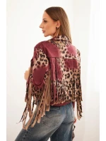 Dámska semišová bunda so strapcami s leopardím vzorom vo vínovej farbe