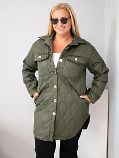 Dámska prešívaná bunda vo veľkosti Plus Size s golierom a vreckami v khaki farbe