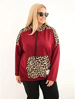 Dámska mikina Plus Size z viskózy s kapucňou a vložkami s leopardím vzorom, bordó-červená
