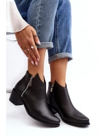 Skórzane Botki Damskie Z Niską Cholewką Na Słupku Z Suwakami Czarne Annaja Skórzane Botki Damskie Z Niską Cholewką Na Słupku Z Suwakami Czarne Annaja