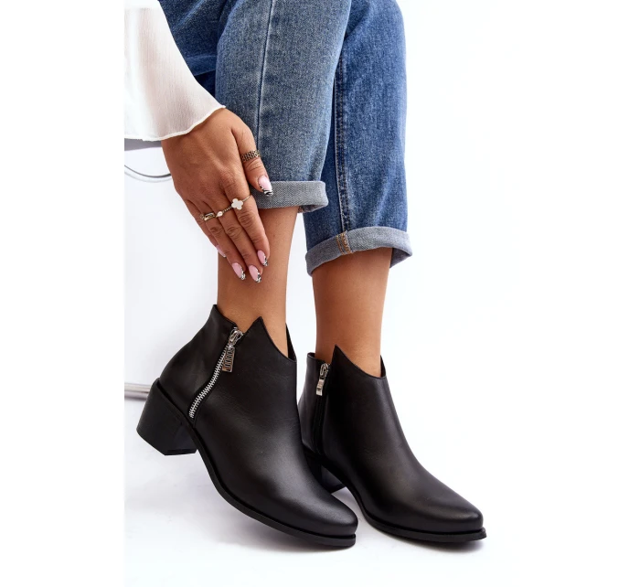 Skórzane Botki Damskie Z Niską Cholewką Na Słupku Z Suwakami Czarne Annaja Skórzane Botki Damskie Z Niską Cholewką Na Słupku Z Suwakami Czarne Annaja