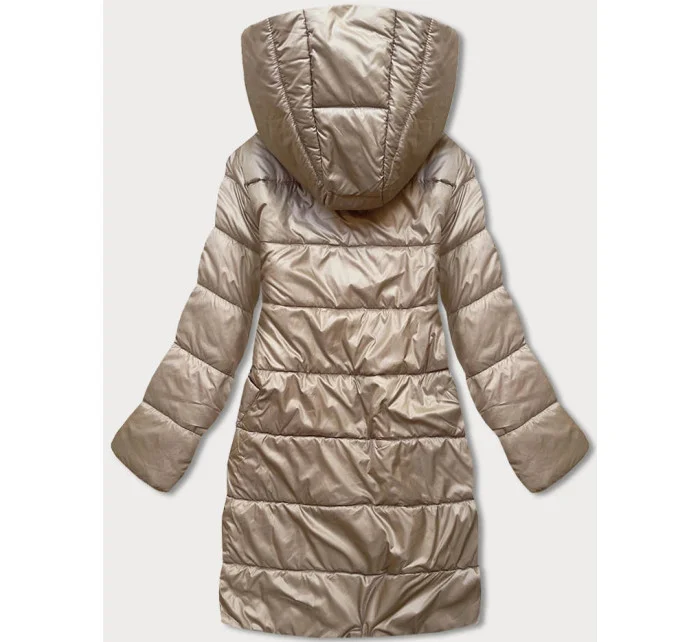 Béžovo-biela preložená obálková dámska bunda s kapucňou (B8040-12026) Béžovo-biela preložená obálková dámska bunda s kapucňou (B8040-12026)