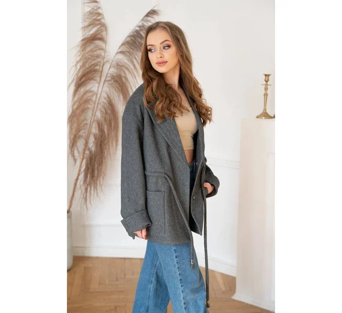 Volný béžový krátký dámský kabát model 15068439 - ROSSE LINE