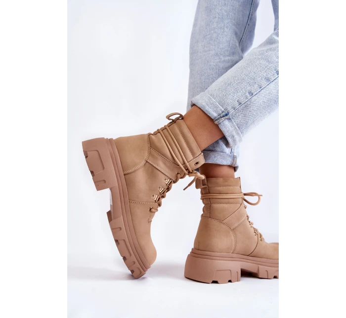 Kožené teplé šněrovací boty Béžové model 21603028 - EVENTO Kožené teplé šněrovací boty Béžové model 21603028 - EVENTO