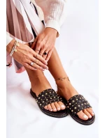 Damskie Skórzane Klapki Z Ozdobą Czarne Brien