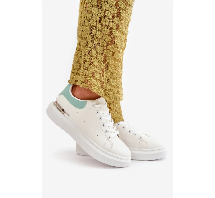 Niskie Trampki Damskie Na Platformie Z Eko Skóry Biało-Zielone Nevelena Niskie Trampki Damskie Na Platformie Z Eko Skóry Biało-Zielone Nevelena