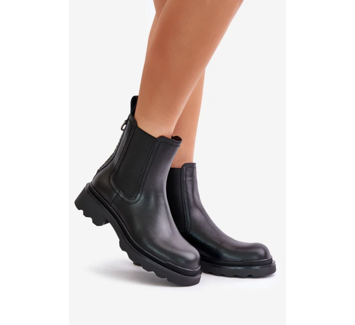 Skórzane Botki Sztyblety Z Ozdobnym Łańcuchem Ocieplane D&A JC42-86 Czarne