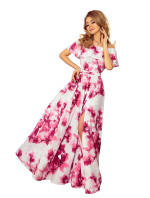 Dlhé šaty s volánom Numoco - biele s ružovými kvetmi