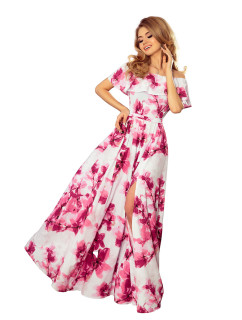 Dlhé šaty s volánom Numoco - biele s ružovými kvetmi