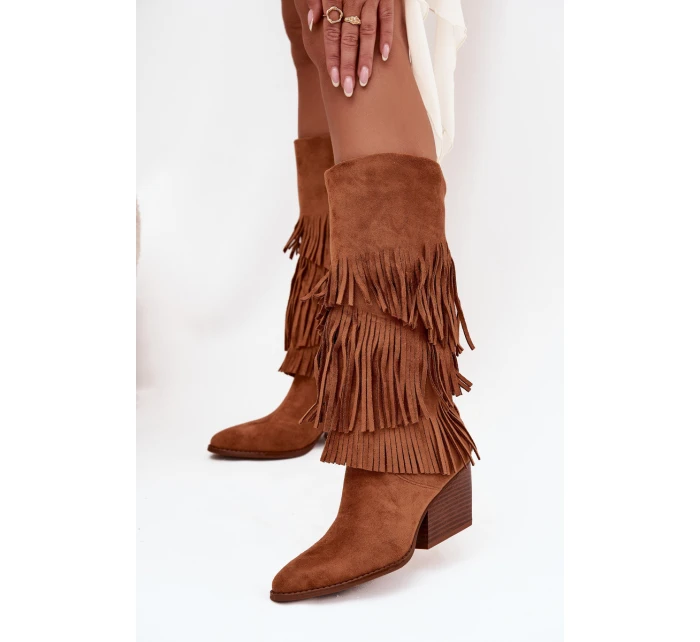 Dámske zateplené kovbojské čižmy so strapcami Brivina - camel Dámske zateplené kovbojské čižmy so strapcami Brivina - camel