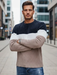 Pánský svetr s kulatým výstřihem tmavě modrý a béžový model 21994017 - Dstreet